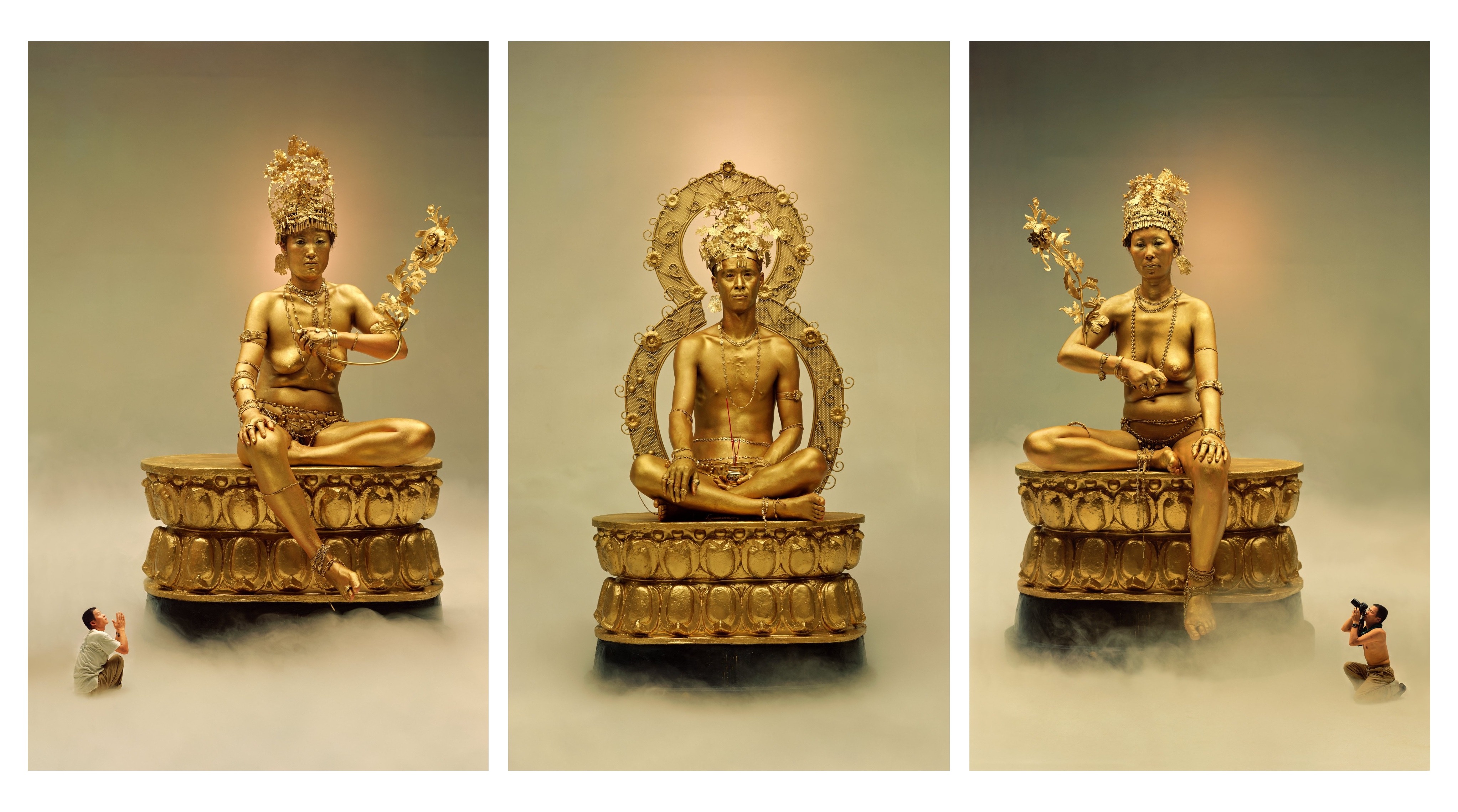 Wang Qingsong, Incarnation (现世, Buddha Series 2), 190×(120+115+120) cm, 2002 — gold-leafed triptych.